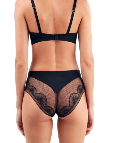 Culotte Taille Haute Dentelle Florale Noire Effet Tanga Invisible - Gisela