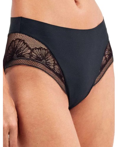 Culotte Taille Haute Dentelle Florale Noire Effet Tanga Invisible - Gisela