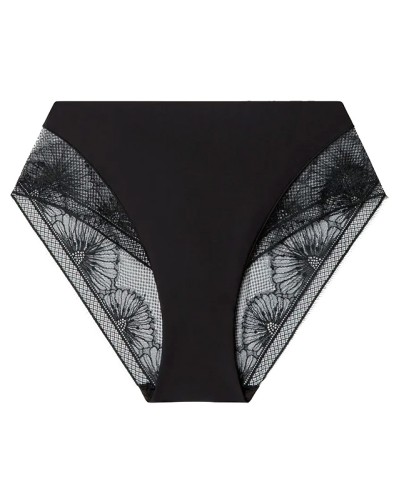 Culotte Taille Haute Dentelle Florale Noire Effet Tanga Invisible - Gisela
