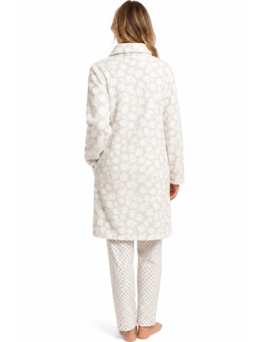 Peignoir en polaire corail pour femme, à fleurs grises, chaud et boutonné, par ADMAS Classic