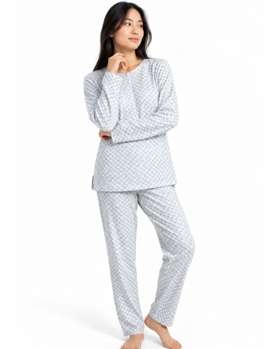 Pyjama Femme ADMAS Classic Grey Flowers | Pyjama Long 100% Coton Coloris Perle