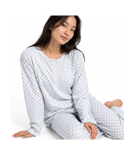 Pyjama Femme ADMAS Classic Grey Flowers | Pyjama Long 100% Coton Coloris Perle