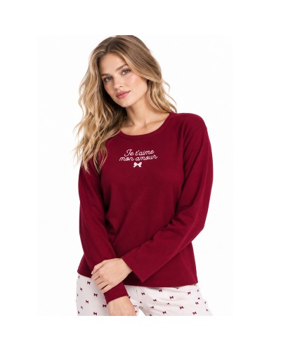 Pyjama long pour femme Je T'Aime bordeaux 100% coton avec petits nœuds – ADMAS