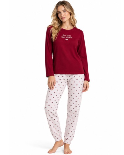Pyjama long pour femme Je T'Aime bordeaux 100% coton avec petits nœuds – ADMAS