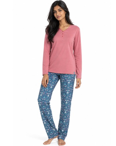 Pyjama long pour femme Garden Get Inspired rose en coton et viscose - ADMAS