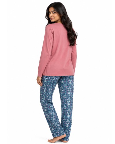 Pyjama long pour femme Garden Get Inspired rose en coton et viscose - ADMAS