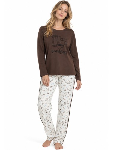 Pyjama long pour femme, motif chocolat et croissant, 100% coton - ADMAS