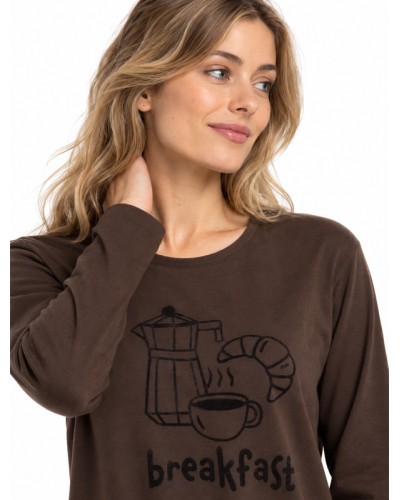 Pyjama long pour femme, motif chocolat et croissant, 100% coton - ADMAS