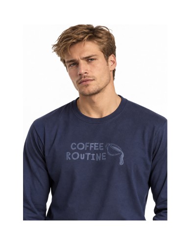 Pyjama long en coton bleu marine pour homme, avec pantalon à carreaux - ADMAS