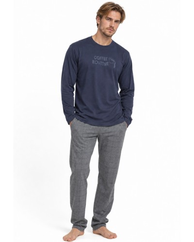 Pyjama long en coton bleu marine pour homme, avec pantalon à carreaux - ADMAS