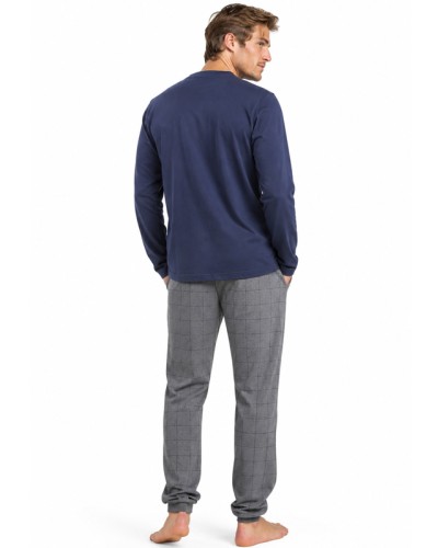 Pyjama long en coton bleu marine pour homme, avec pantalon à carreaux - ADMAS